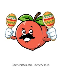 vector cartoon, character, and mascot of a moustachioed peach holding maracas.