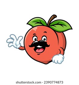 vector cartoon, character, and mascot of a moustachioed peach with wave hand.