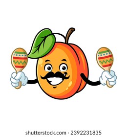vector cartoon, character, and mascot of a moustachioed apricot holding maracas.