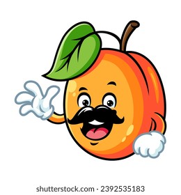 vector cartoon, character, and mascot of a moustachioed apricot with wave hand.