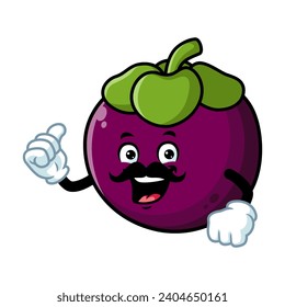 vector cartoon, character, and mascot of a moustachioed mangosteen with thumbs up hand.