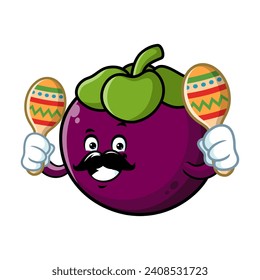 vector cartoon, character, and mascot of a moustachioed mangosteen holding maracas.