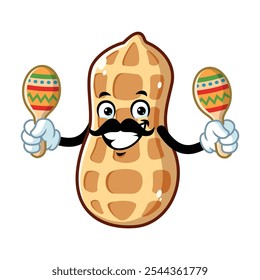 vector cartoon, character, and mascot of a moustachioed peanuts holding maracas.