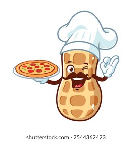 vector cartoon, character, and mascot of a moustachioed peanuts chef holding pizza.