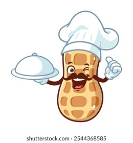 vector cartoon, character, and mascot of a moustachioed peanuts chef holding tray catering.