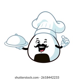 vector cartoon, character, and mascot of a moustachioed onigiri holding tray catering.
