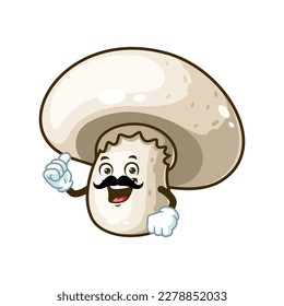 vector cartoon, character, and mascot of a mustachioed champignon mushrooms with thumbs up hand.