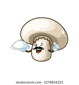 vector cartoon, character, and mascot of a mustachioed champignon mushrooms holding tray catering.