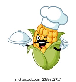 vector cartoon, character, and mascot of a mustachioed corn chef holding tray catering.