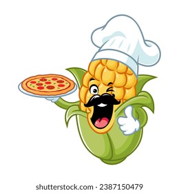 vector cartoon, character, and mascot of a mustachioed corn chef holding pizza.