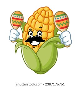 vector cartoon, character, and mascot of a mustachioed corn holding maracas.