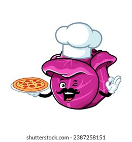 vector cartoon, character, and mascot of a mustachioed red cabbage chef holding pizza.