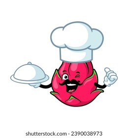 vector cartoon, character, and mascot of a mustachioed dragon fruit chef holding tray catering.
