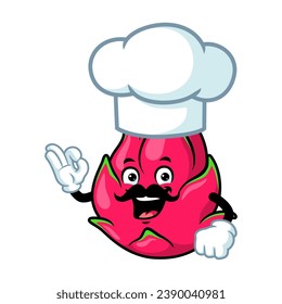 vector cartoon, character, and mascot of a mustachioed dragon fruit chef with ok pose.