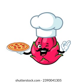 vector cartoon, character, and mascot of a mustachioed dragon fruit chef holding pizza.