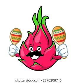vector cartoon, character, and mascot of a mustachioed dragon fruit holding maracas.