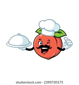 vector cartoon, character, and mascot of a mustachioed peach chef holding tray catering.
