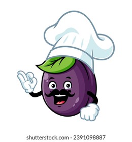 vector cartoon, character, and mascot of a mustachioed plum chef with ok pose.