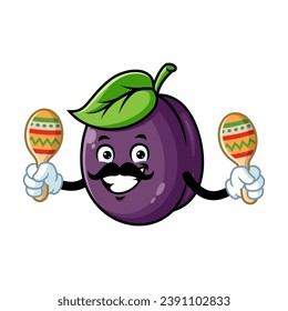 vector cartoon, character, and mascot of a mustachioed plum holding maracas.
