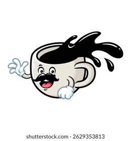vector cartoon, character, and mascot of a mustachioed cup of coffee with wave hand.
