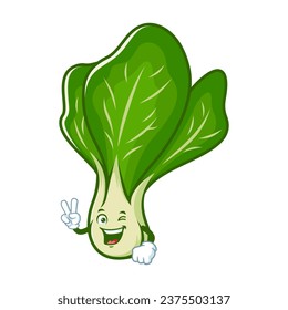 vector cartoon, character, and mascot of a mustard greens with two finger.