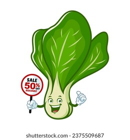 vector cartoon, character, and mascot of a mustard greens holding discount signboard.