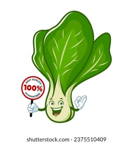 vector cartoon, character, and mascot of a mustard greens holding guaranteed signboard.