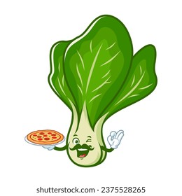 vector cartoon, character, and mascot of a mustard greens holding pizza.