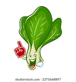 vector cartoon, character, and mascot of a mustard greens wearing finger foam.