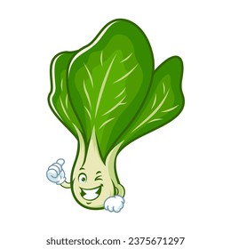 vector cartoon, character, and mascot of a mustard greens with thumbs up hand.