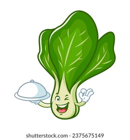 dibujos animados vectoriales, personajes y mascota de un verde mostaza que sostiene la bandeja de comida.