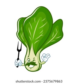 vector cartoon, character, and mascot of a mustard greens holding grilled fork.