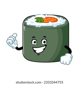 vector cartoon, character, and mascot of a norimaki sushi with thumbs up hand.