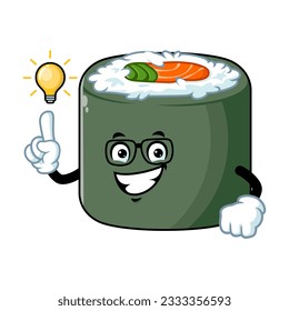 vector cartoon, character, and mascot of a norimaki sushi get an idea.