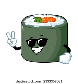 vector cartoon, character, and mascot of a norimaki sushi wearing black eyeglasses.
