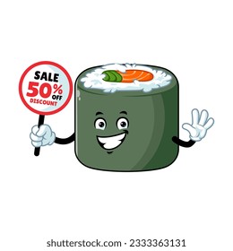 vector cartoon, character, and mascot of a norimaki sushi holding discount signboard.