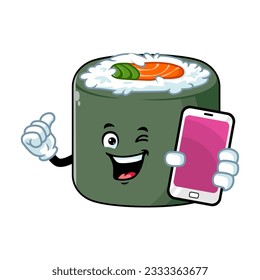 vector cartoon, character, and mascot of a norimaki sushi holding smartphone.