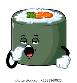 vector cartoon, character, and mascot of a norimaki sushi with yawning expression face.