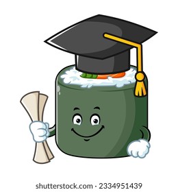 vector cartoon, character, and mascot of a norimaki sushi wearing graduation hat.