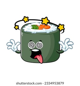 vector cartoon, character, and mascot of a norimaki sushi with dizzying expression face.