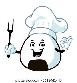 vector cartoon, character, and mascot of an onigiri holding grilled fork.