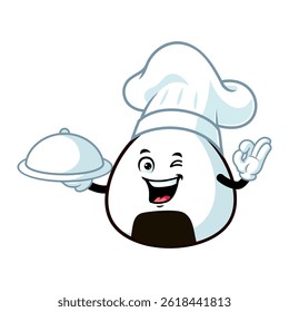 vector cartoon, character, and mascot of an onigiri holding tray catering.