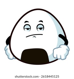 vector cartoon, character, and mascot of an onigiri with bored expression face.
