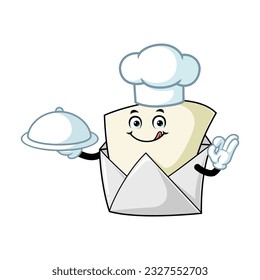 vector cartoon, character, and mascot of an open envelope chef holding tray catering.