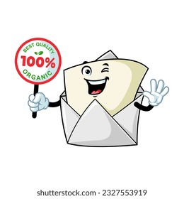 vector cartoon, character, and mascot of an open envelope holding organic signboard.