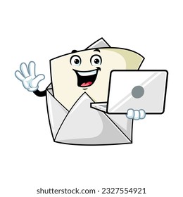 vector cartoon, character, and mascot of an open envelope holding laptop.