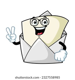 vector cartoon, character, and mascot of an open envelope geek with two finger.
