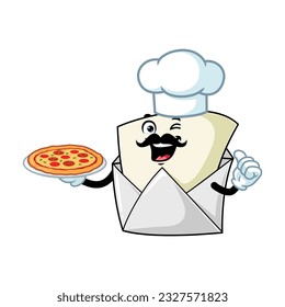 vector cartoon, character, and mascot of an open envelope chef holding pizza.