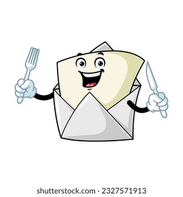 vector cartoon, character, and mascot of an open envelope holding fork and knife.