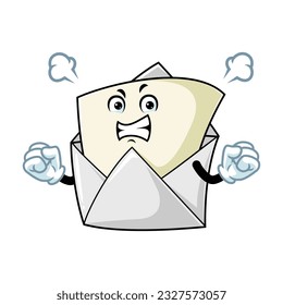 vector cartoon, character, and mascot of an open envelope with angry expression face.